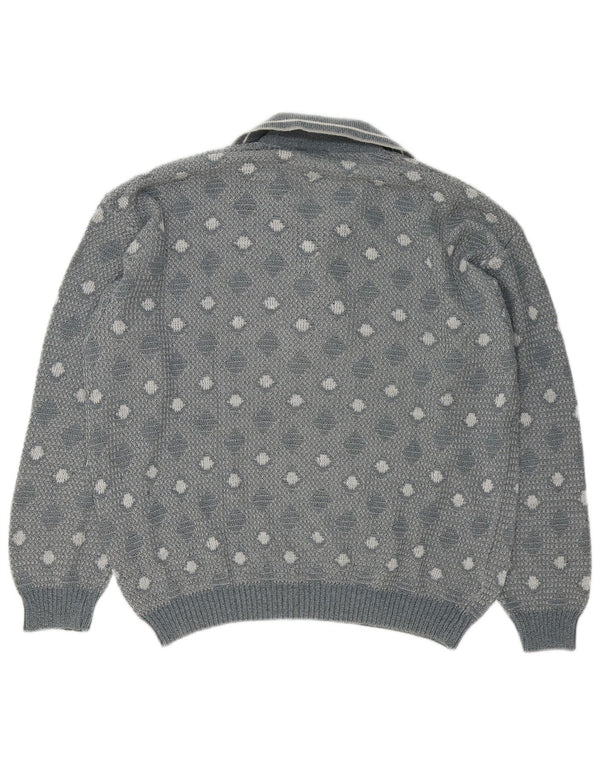Suéter vintage masculino com gola polo e grande cinza geométrico