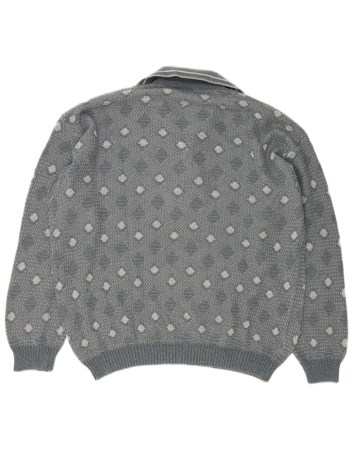 Suéter vintage masculino com gola polo e grande cinza geométrico