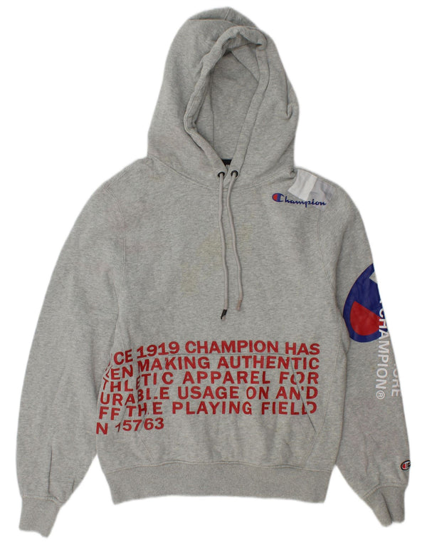 Jumper masculino com capuz gráfico Champion pequeno algodão manchado cinza