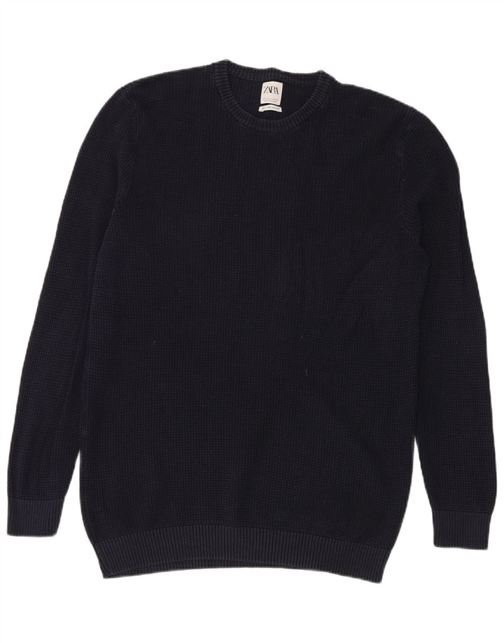 Zara Suéter masculino com gola redonda grande algodão azul marinho