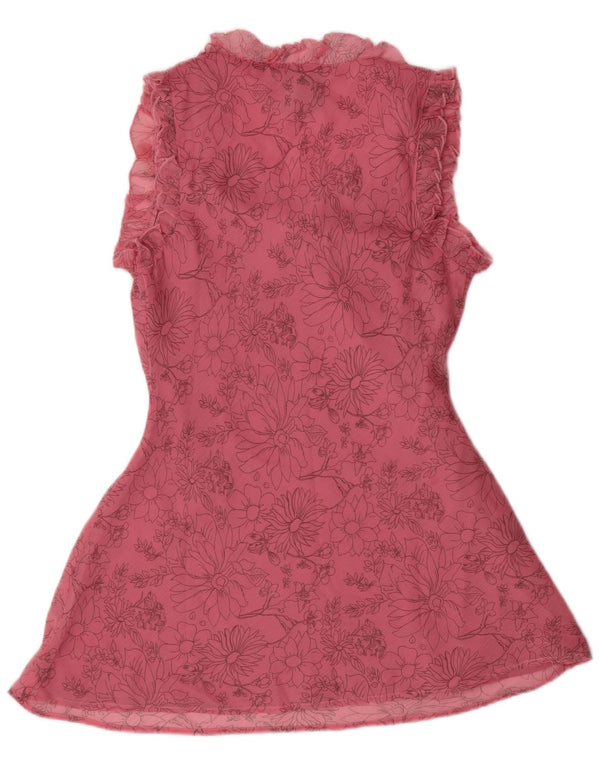Vestido feminino vintage sem mangas evasê UK 10 pequeno poliéster floral rosa