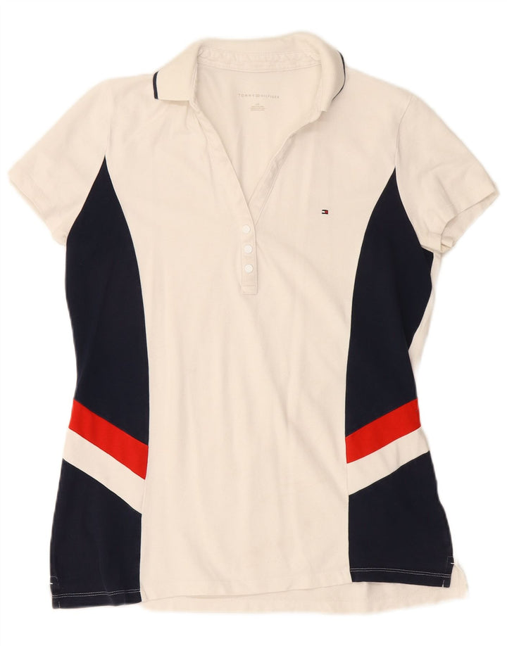 Camisa polo feminina TOMMY HILFIGER UK 14 grande bloco colorido branco
