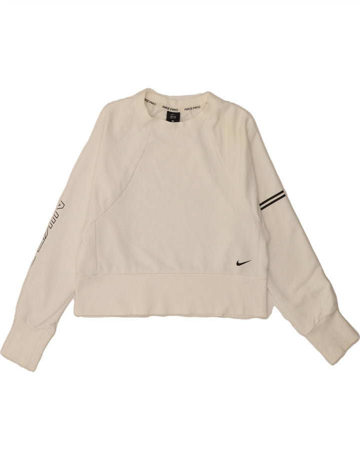 NIKE Womens Oversized Crop Graphic Sweatshirt Jumper UK 6 XS White Cotton Vintage Nike and Second-Hand Nike from Messina Hembry 