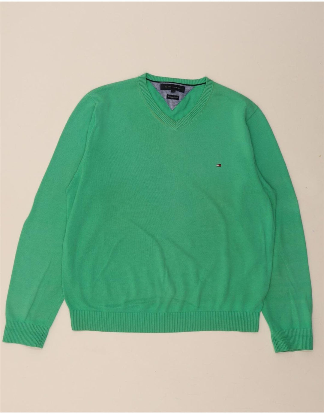TOMMY HILFIGER Mens V-Neck Jumper Sweater Large Green Cotton Vintage Tommy Hilfiger and Second-Hand Tommy Hilfiger from Messina Hembry 