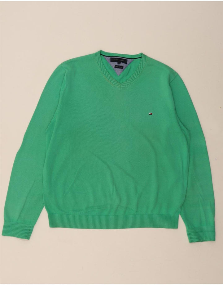 TOMMY HILFIGER Mens V-Neck Jumper Sweater Large Green Cotton Vintage Tommy Hilfiger and Second-Hand Tommy Hilfiger from Messina Hembry 