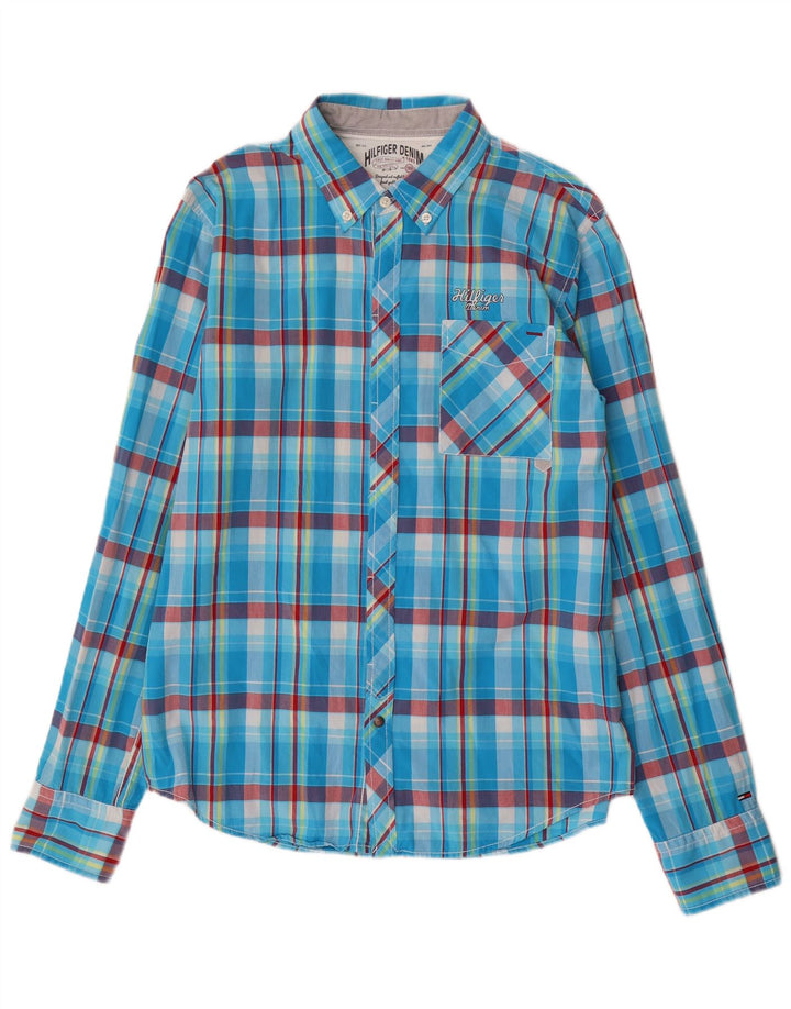 Camisa masculina Tommy Hilfiger grande algodão xadrez azul