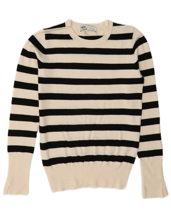 Suéter feminino Zara com gola redonda e listrado branco pequeno UK 10