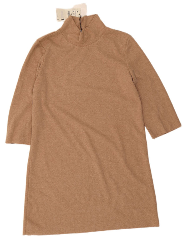 Vestido feminino Zara manga 3/4 linha A UK 12 poliéster bege médio