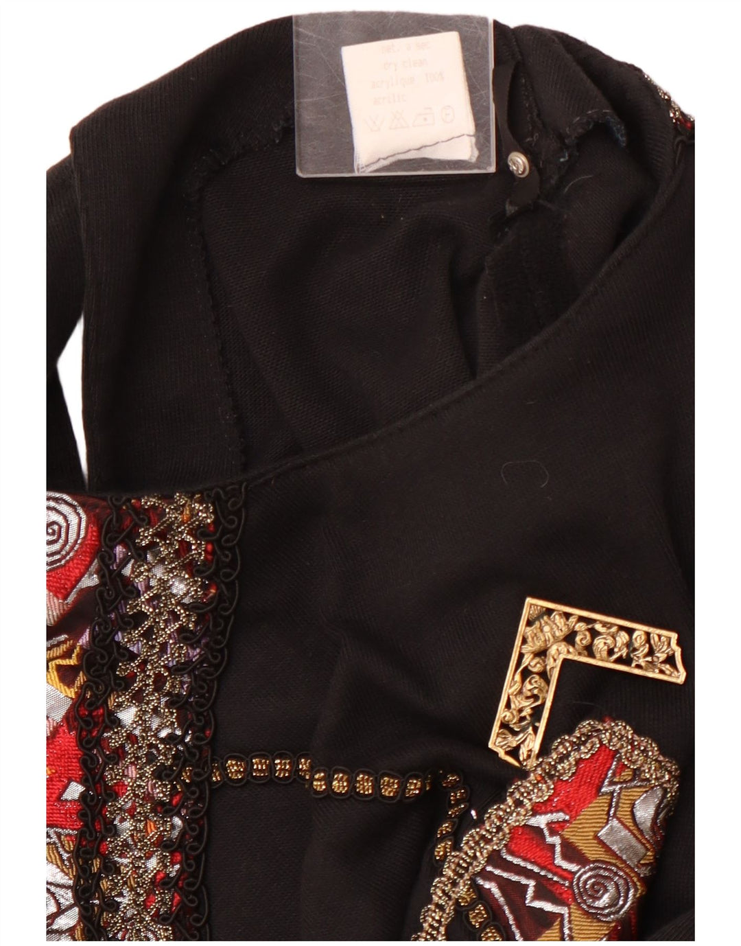 Blusa feminina VINTAGE estampada de manga comprida Reino Unido 12 acrílico preto médio