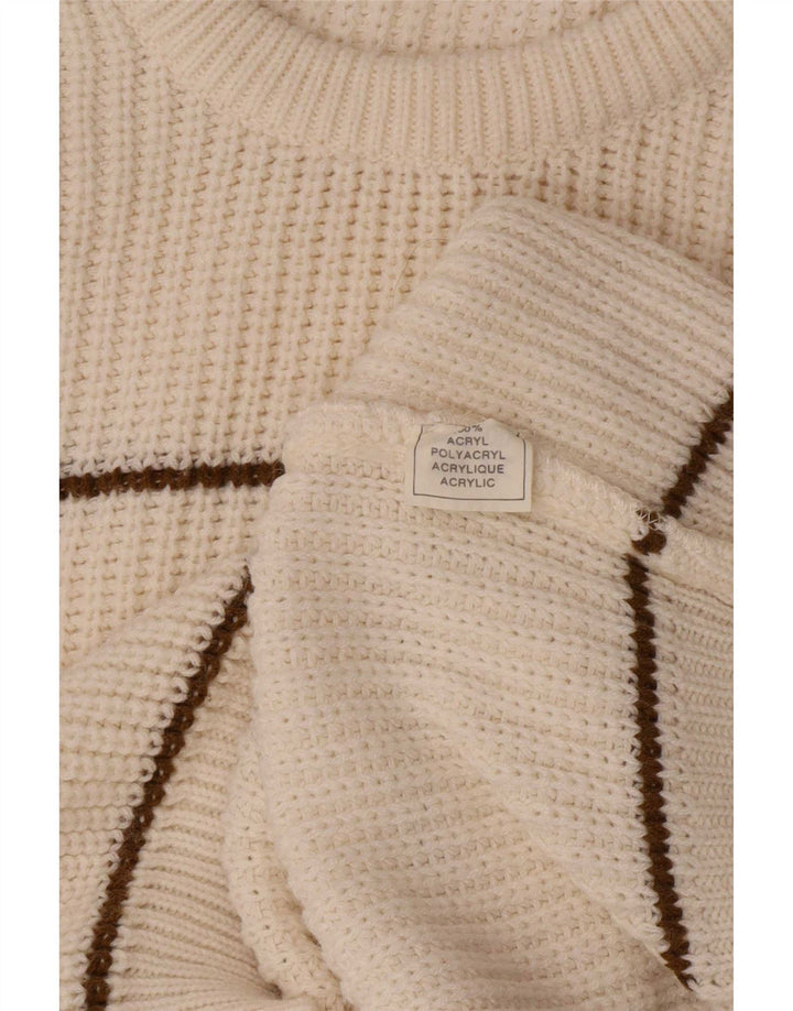 Suéter vintage masculino com gola redonda, meio acrílico listrado branco