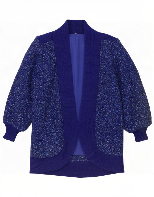 Suéter cardigã aberto feminino vintage Reino Unido 10 pequeno azul salpicado retrô