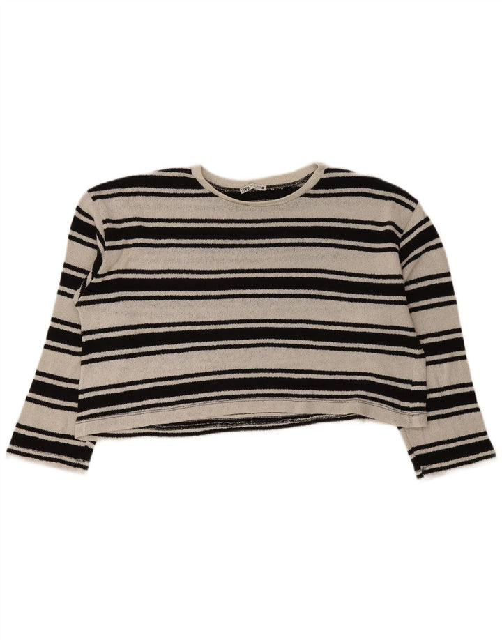 Zara Womens Crop Oversized Top Manga Longa Reino Unido 16 Grande Preto Listrado