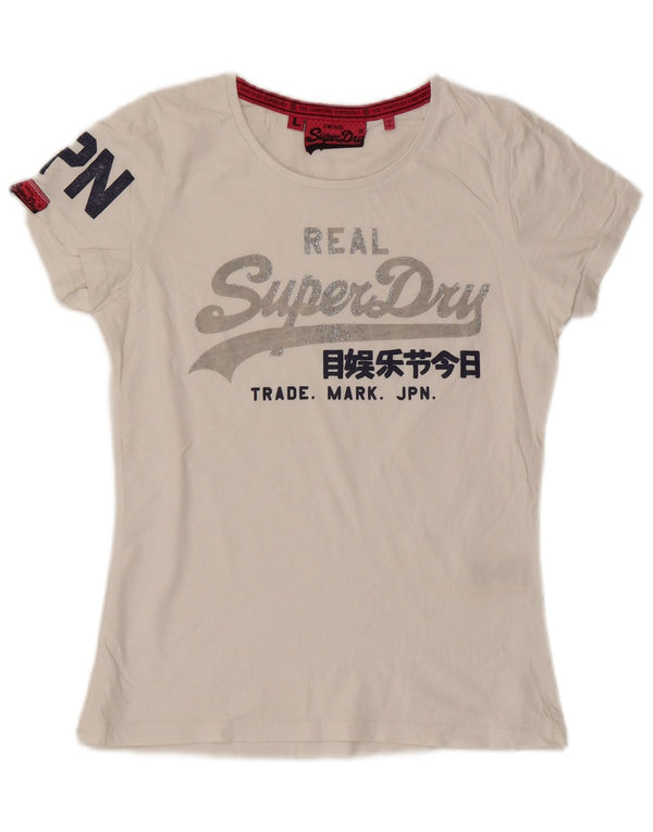 Camiseta feminina Superdry com estampa gráfica UK 14 grande branco