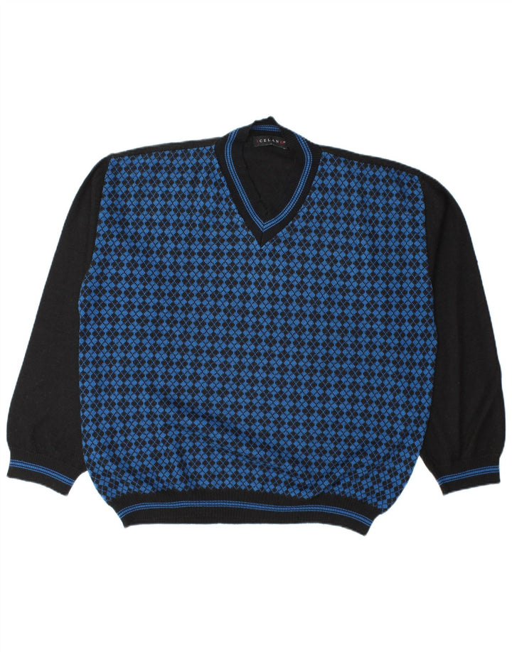 Suéter masculino Islândia com decote em V XL azul Argyle/lã diamante