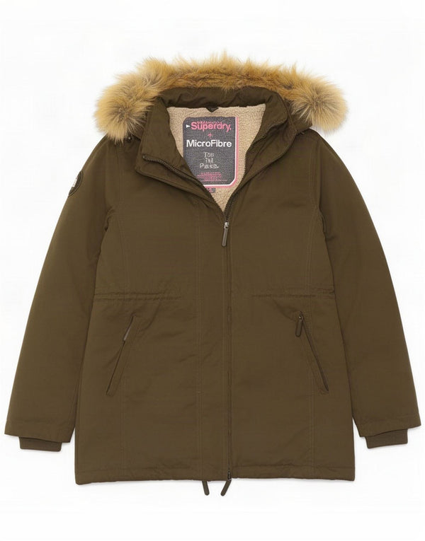 Jaqueta Parka feminina Superdry com capuz Reino Unido 16 grande poliéster cáqui