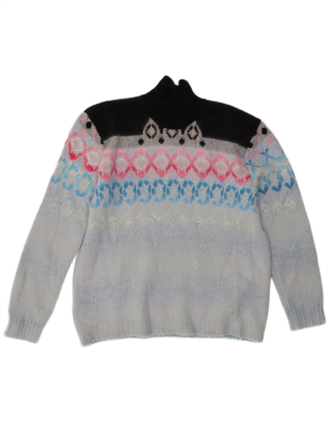 Suéter feminino vintage com gola tartaruga Reino Unido 14 médio azul Fair Isle