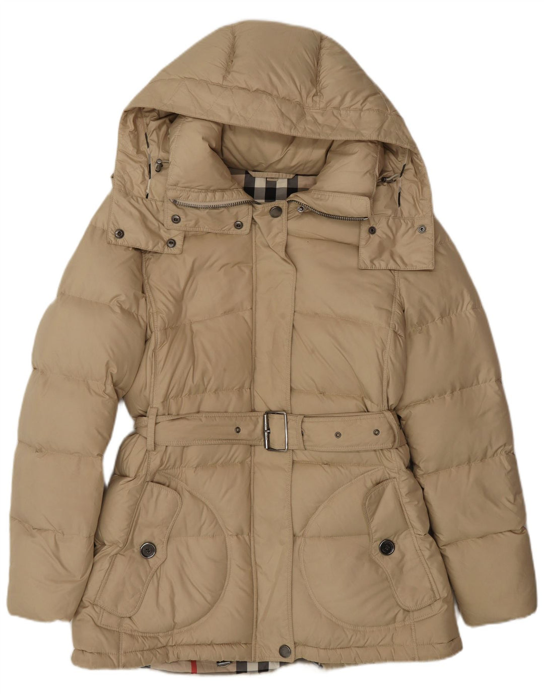 Casaco acolchoado com capuz feminino BURBERRY BRIT Reino Unido 12 Médio Bege Clássico
