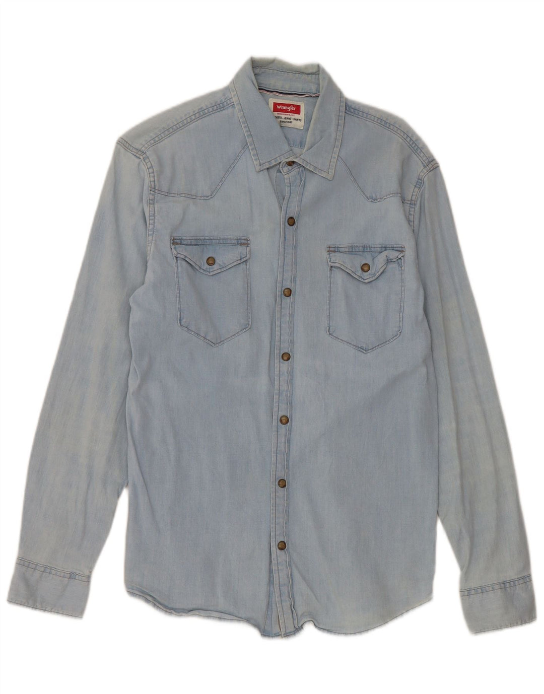Camisa jeans Wrangler masculina azul médio algodão