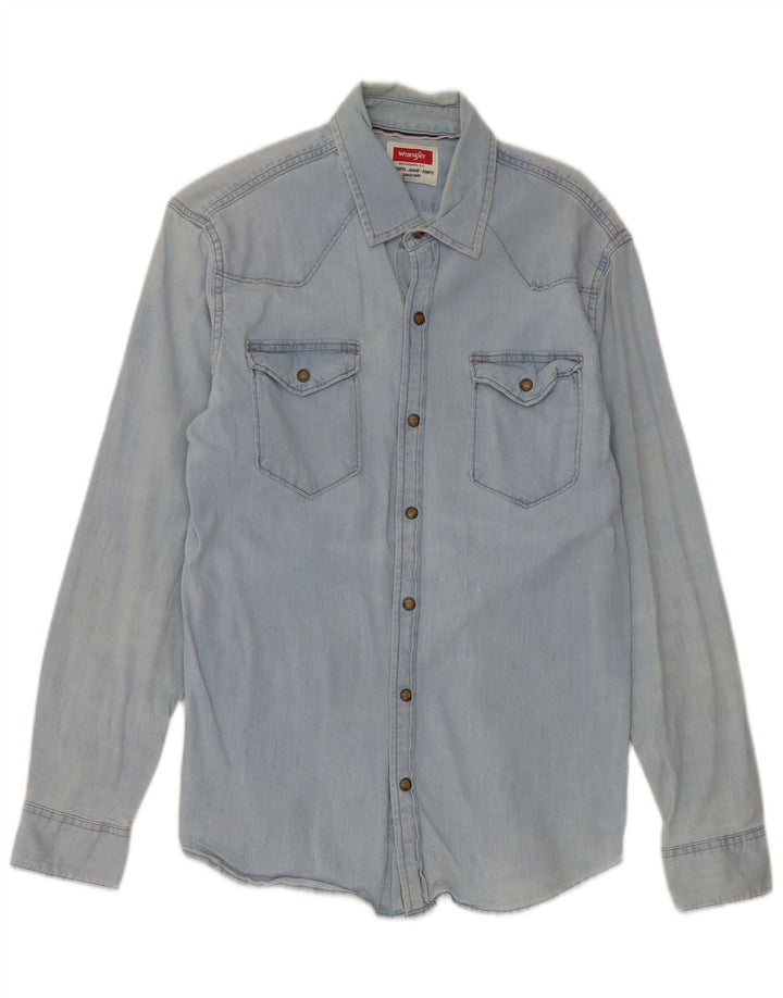 Camisa jeans Wrangler masculina azul médio algodão