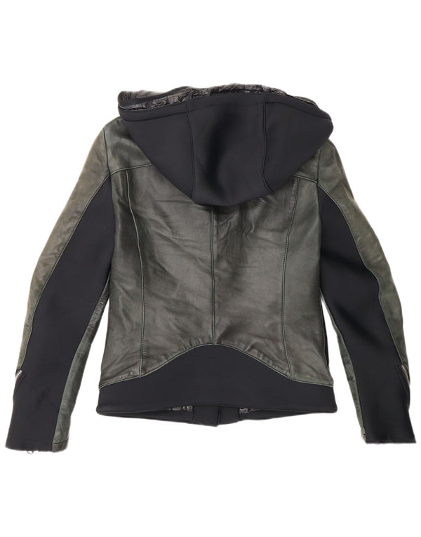 Jaqueta feminina de couro com capuz Delan para motociclista IT 42 bloco colorido verde médio