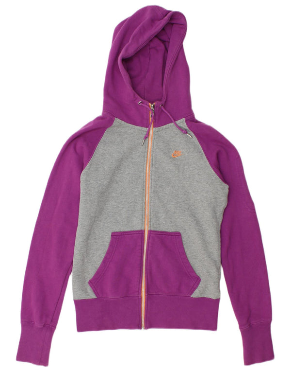 Suéter Nike feminino com capuz e zíper grande UK 10 pequeno bloco colorido roxo