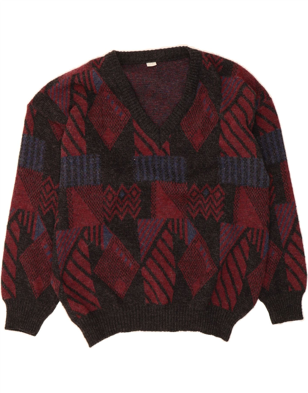 VINTAGE Mens V-Neck Jumper Sweater XL Burgundy Argyle/Diamond Vintage Vintage and Second-Hand Vintage from Messina Hembry 