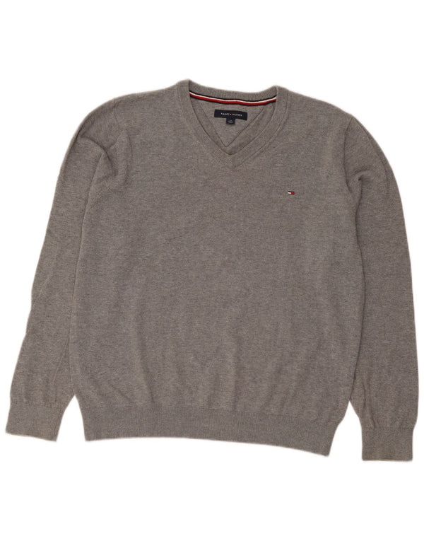 Suéter masculino Tommy Hilfiger com decote em V grande algodão manchado cinza