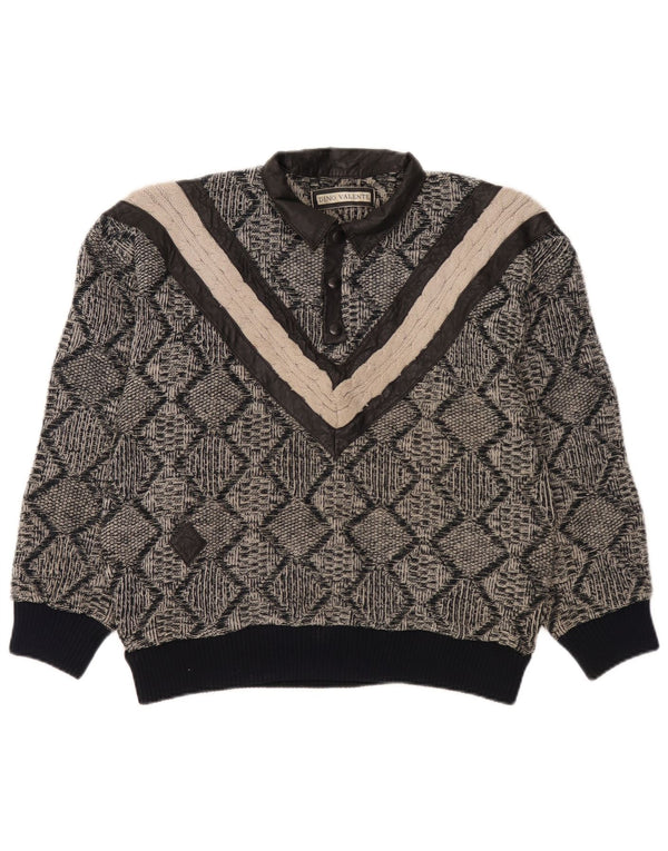 Suéter masculino vintage com gola polo e acrílico geométrico cinza pequeno