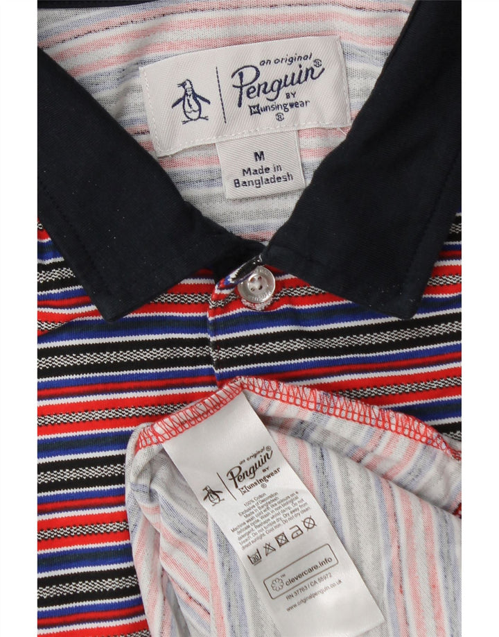 Camisa polo masculina Penguin média listrada multicolorida de algodão