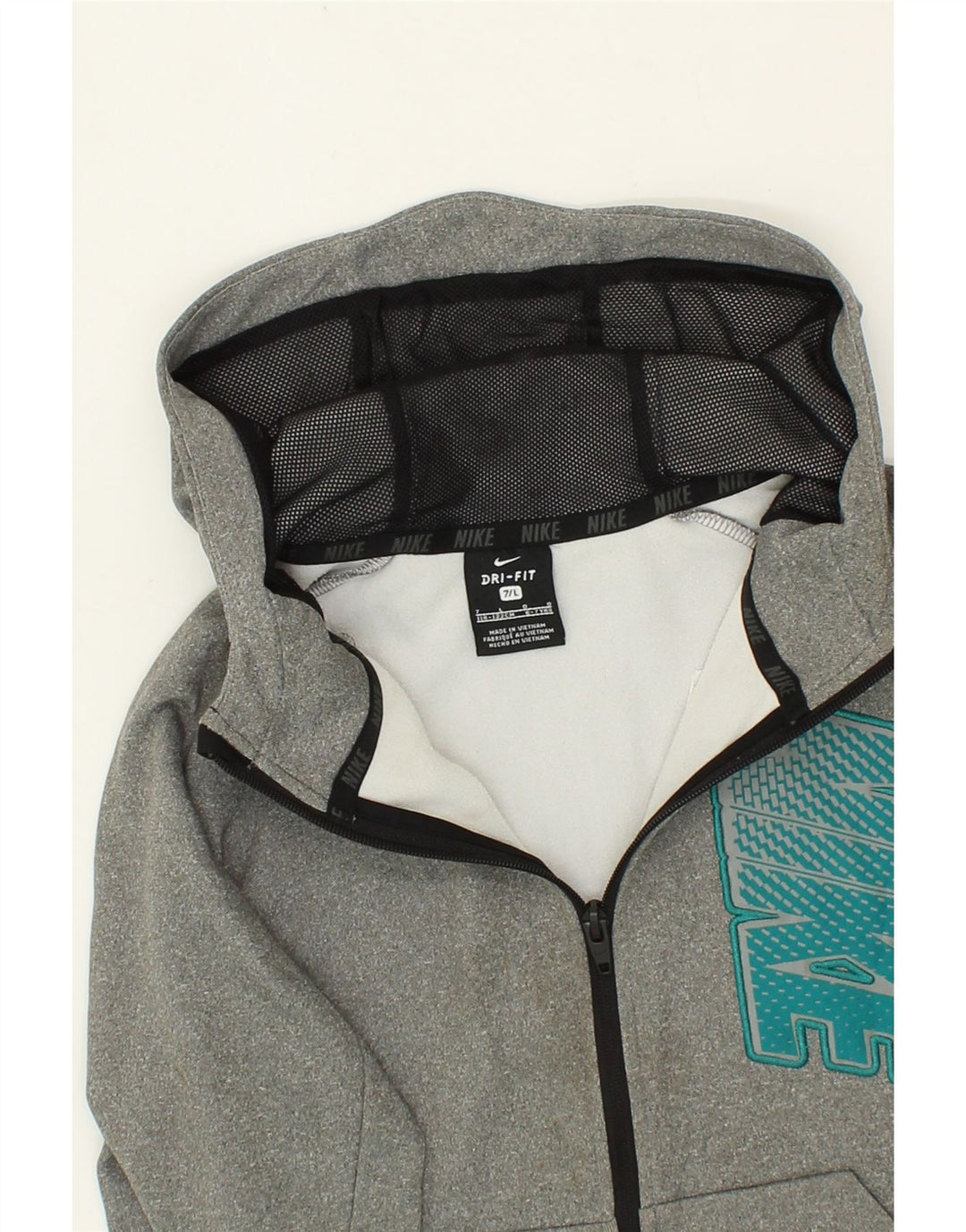 NIKE Boys Dri Fit Graphic Zip Hoodie Sweater 6-7 Years Large Grey Vintage Nike and Second-Hand Nike from Messina Hembry 