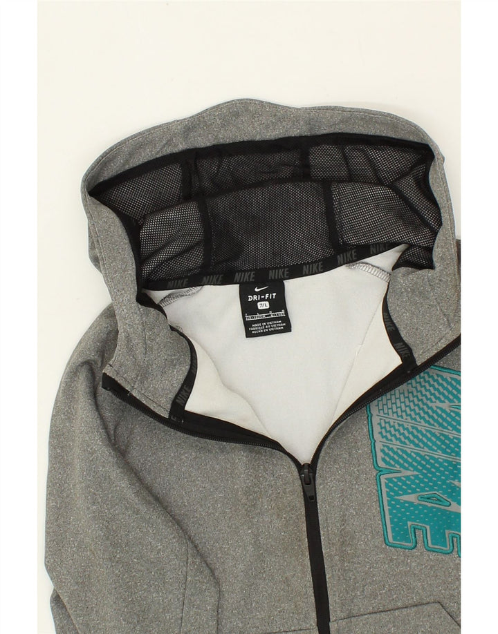 NIKE Boys Dri Fit Graphic Zip Hoodie Sweater 6-7 Years Large Grey Vintage Nike and Second-Hand Nike from Messina Hembry 
