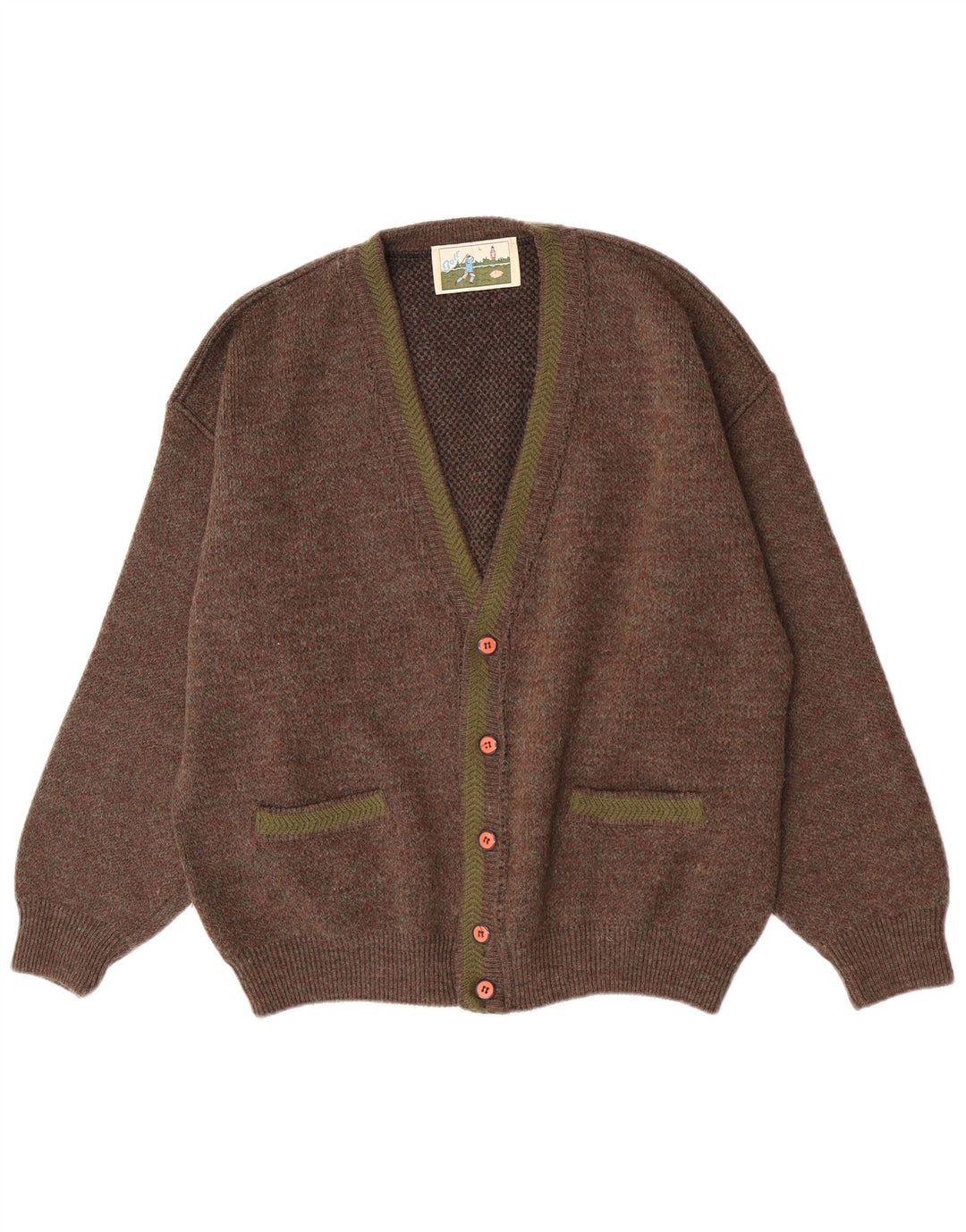 Suéter cardigã masculino vintage grande marrom manchado