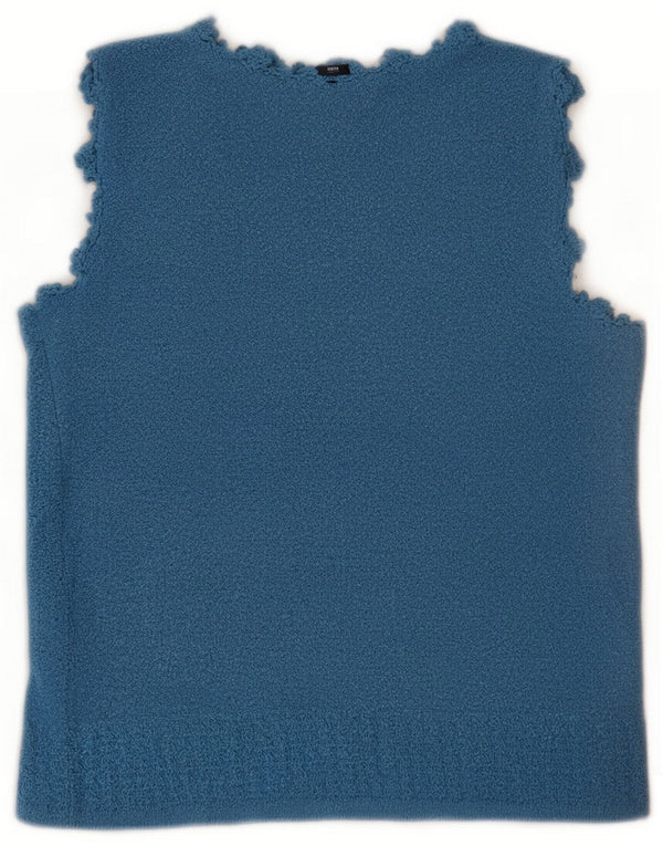Blusa feminina vintage de malha sem mangas UK 12 azul médio