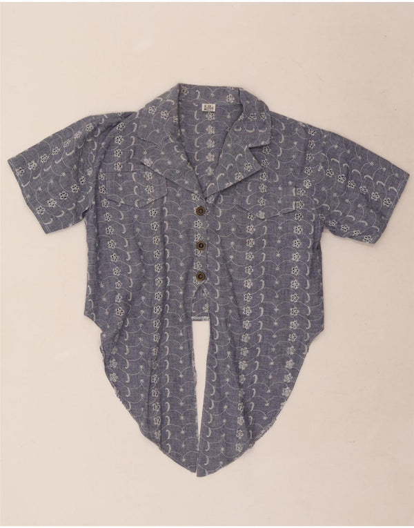 Blusa feminina vintage manga curta cropped UK 12 azul médio floral