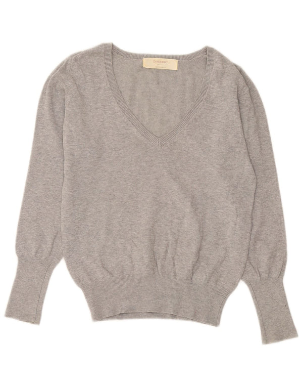 Suéter feminino Zara com decote em V Reino Unido 14 grande algodão manchado cinza