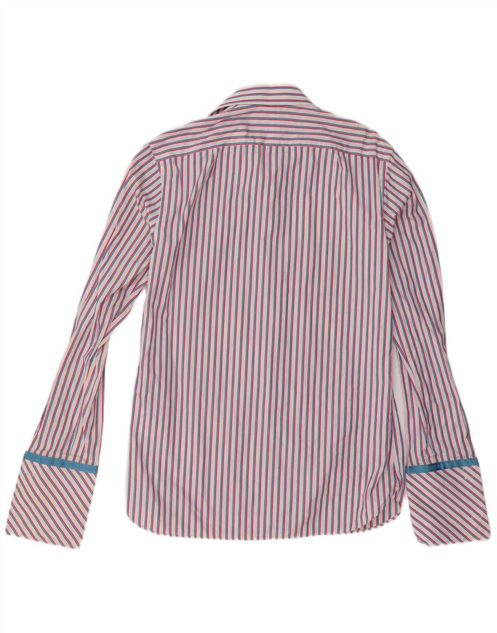 Camisa formal masculina Ted Baker tamanho 39 15 1/2 algodão listrado rosa médio