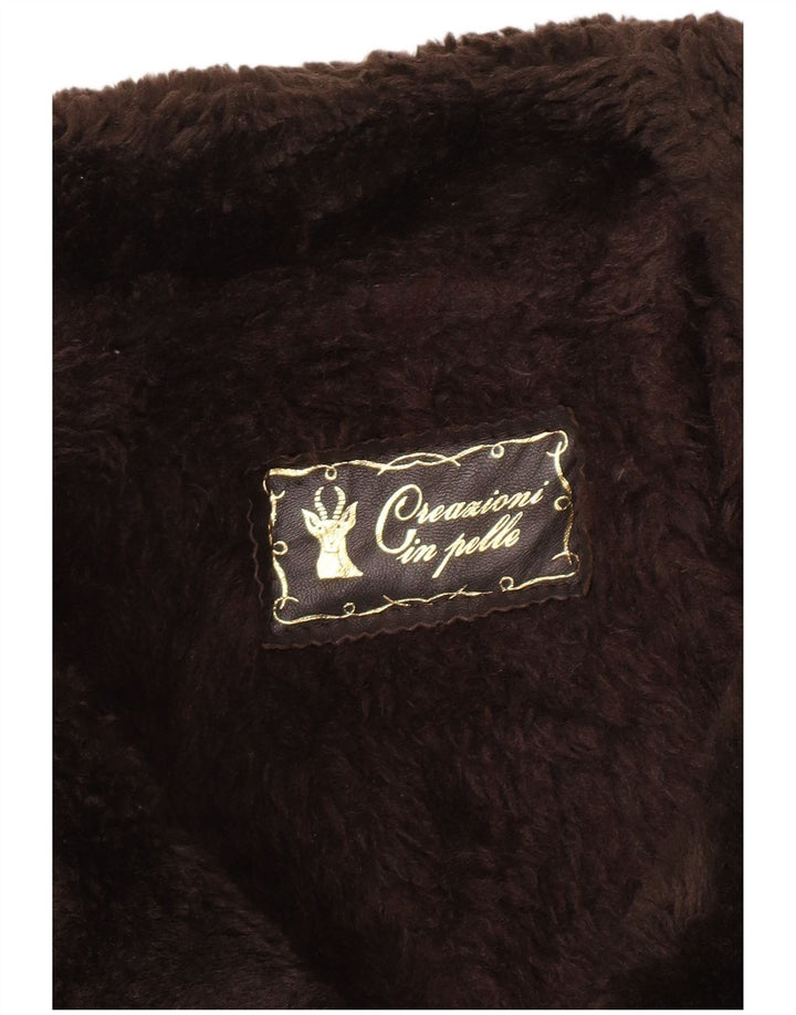 Casaco vintage masculino shearling com peito duplo Reino Unido 36 couro marrom pequeno