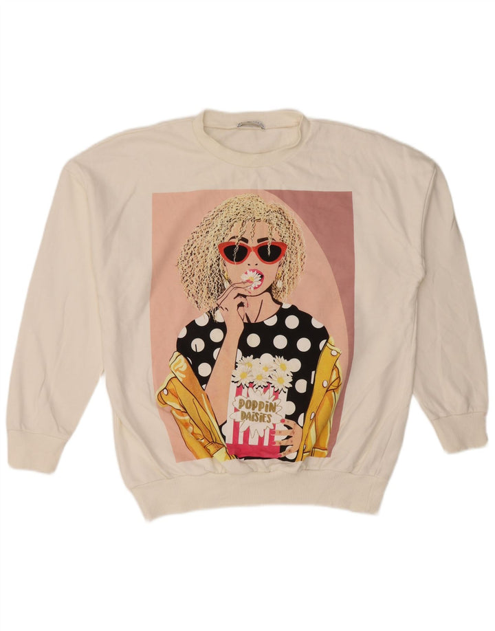 Zara moletom feminino gráfico oversized jumper Reino Unido 10 pequeno algodão branco