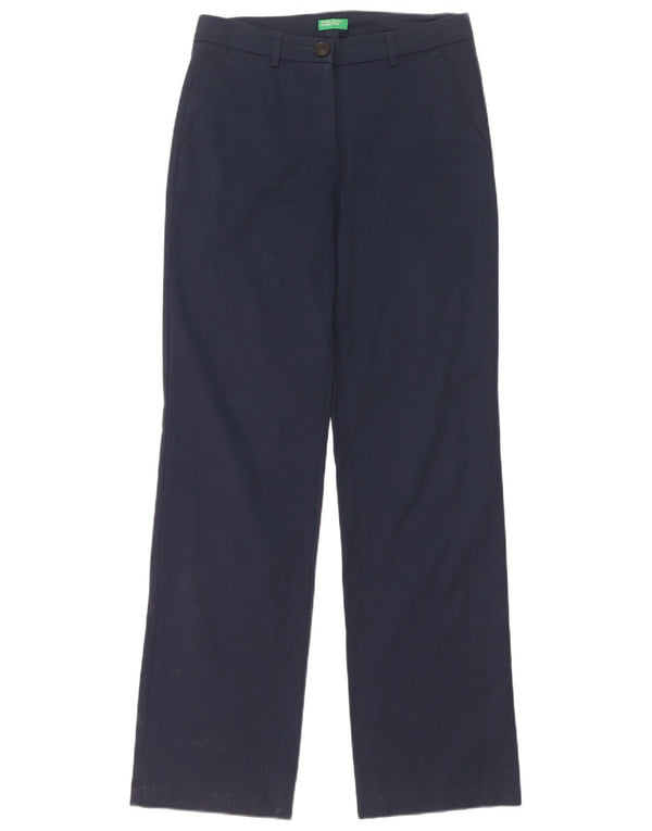Calça chino reta feminina Benetton Reino Unido 8 pequeno W28 L31 algodão azul marinho