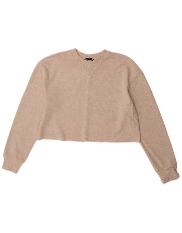 Zara Crop Top Feminino Manga Longa Reino Unido 14 Poliéster Bege Médio