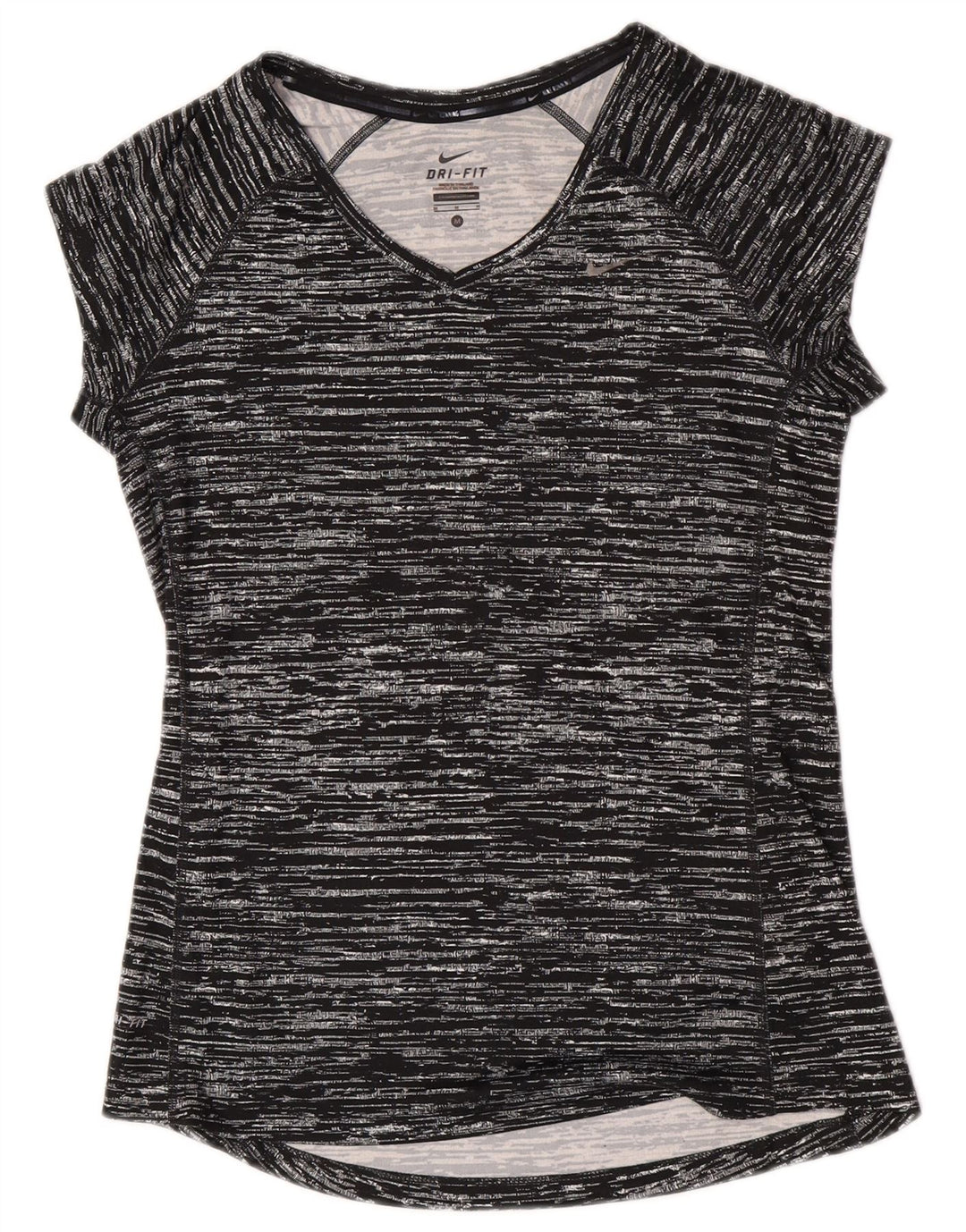 Camiseta feminina Nike Dri Fit UK 12 poliéster manchado preto médio