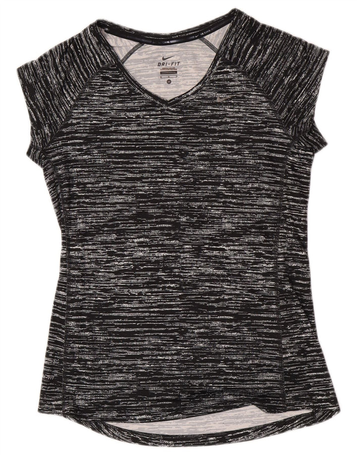 Camiseta feminina Nike Dri Fit UK 12 poliéster manchado preto médio
