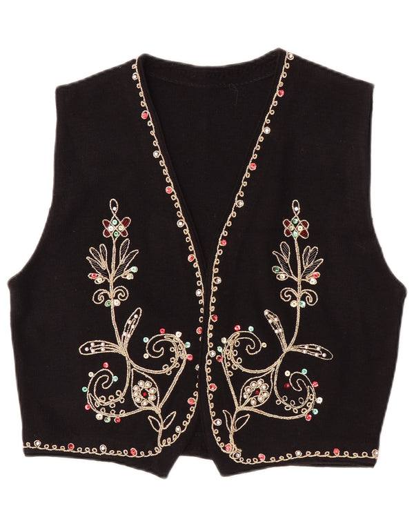 Colete de malha vintage feminino Reino Unido 14 grande lã floral preta