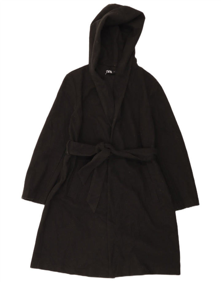 Sobretudo feminino com capuz ZARA UK 16 grande poliéster preto