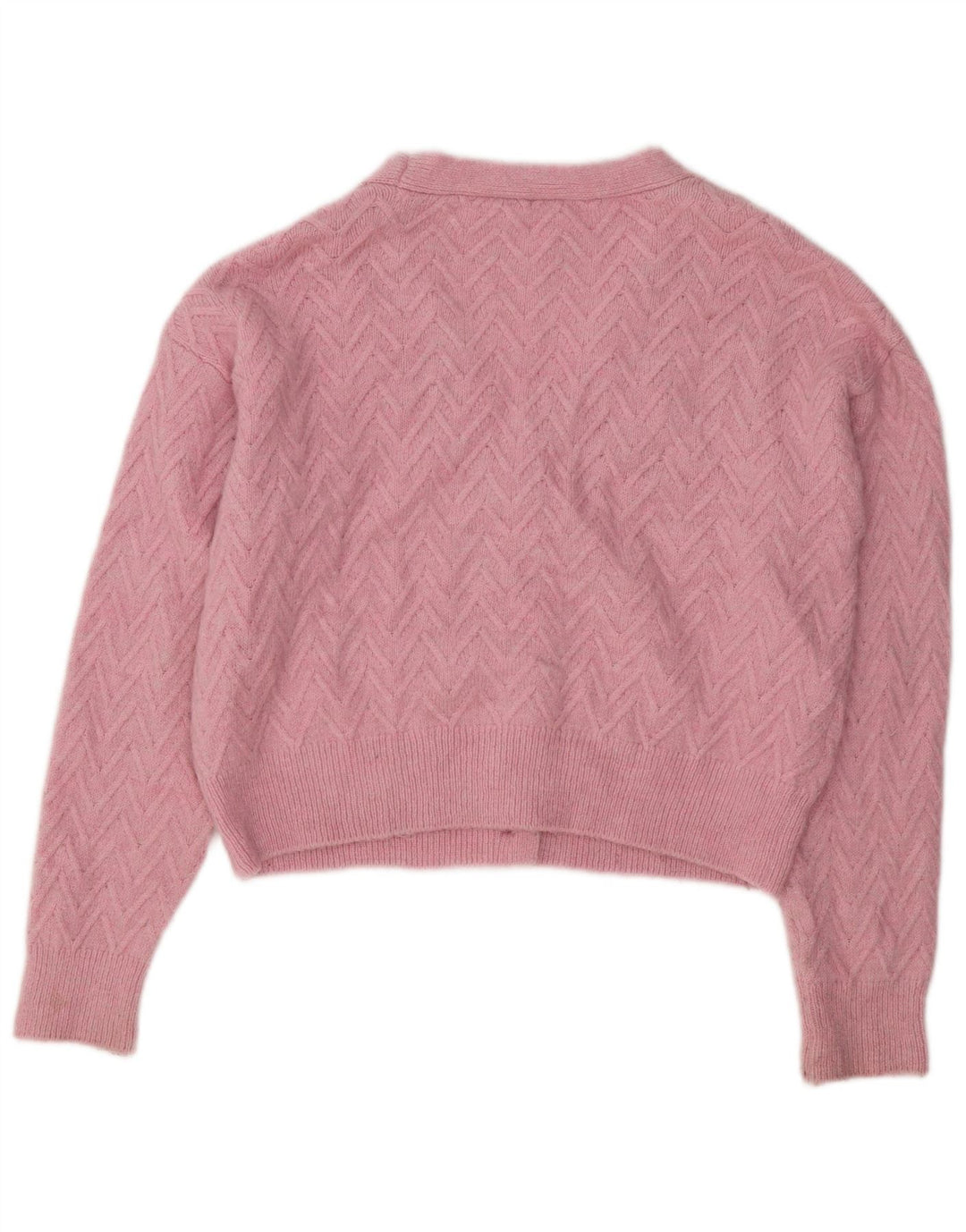ZARA Suéter Cardigan Feminino Crop UK 14 Médio Rosa Chevron Acrílico