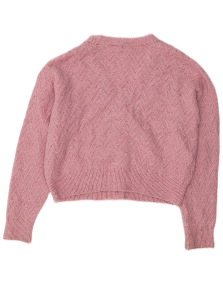 ZARA Suéter Cardigan Feminino Crop UK 14 Médio Rosa Chevron Acrílico