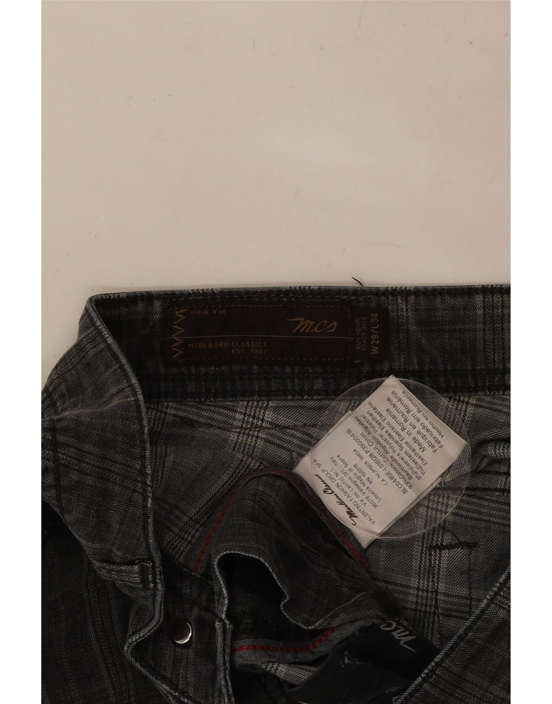 MARLBORO CLASSICS Calça masculina reta casual W29 L29 algodão xadrez preto