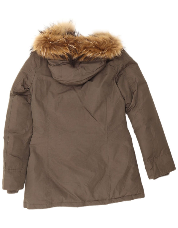Jaqueta Parka com capuz feminina canadense Reino Unido 10 algodão marrom pequeno