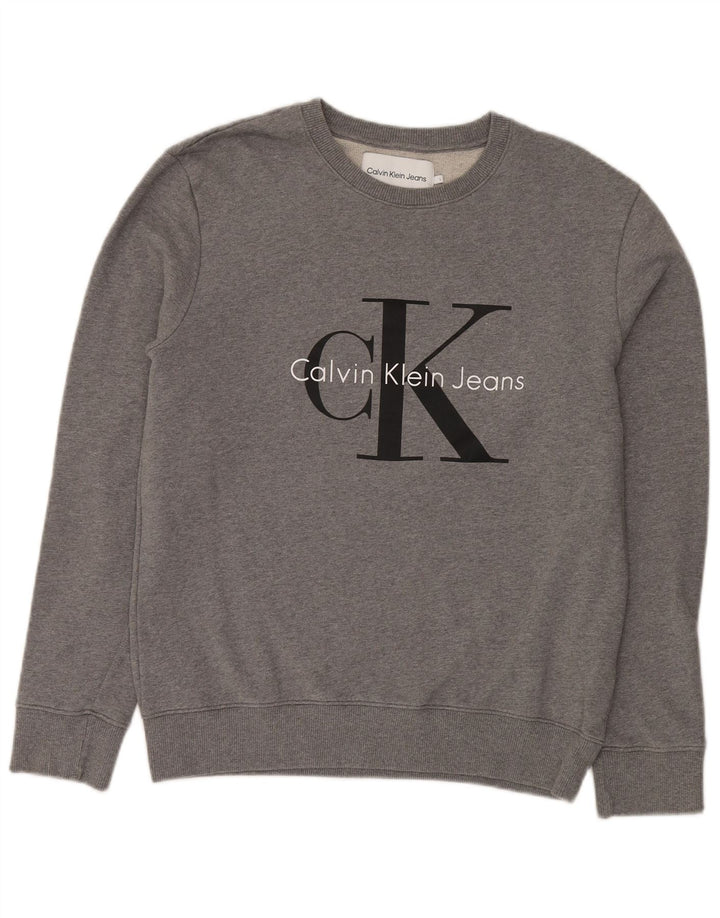 CALVIN KLEIN JEANS Suéter gráfico masculino grande algodão cinza