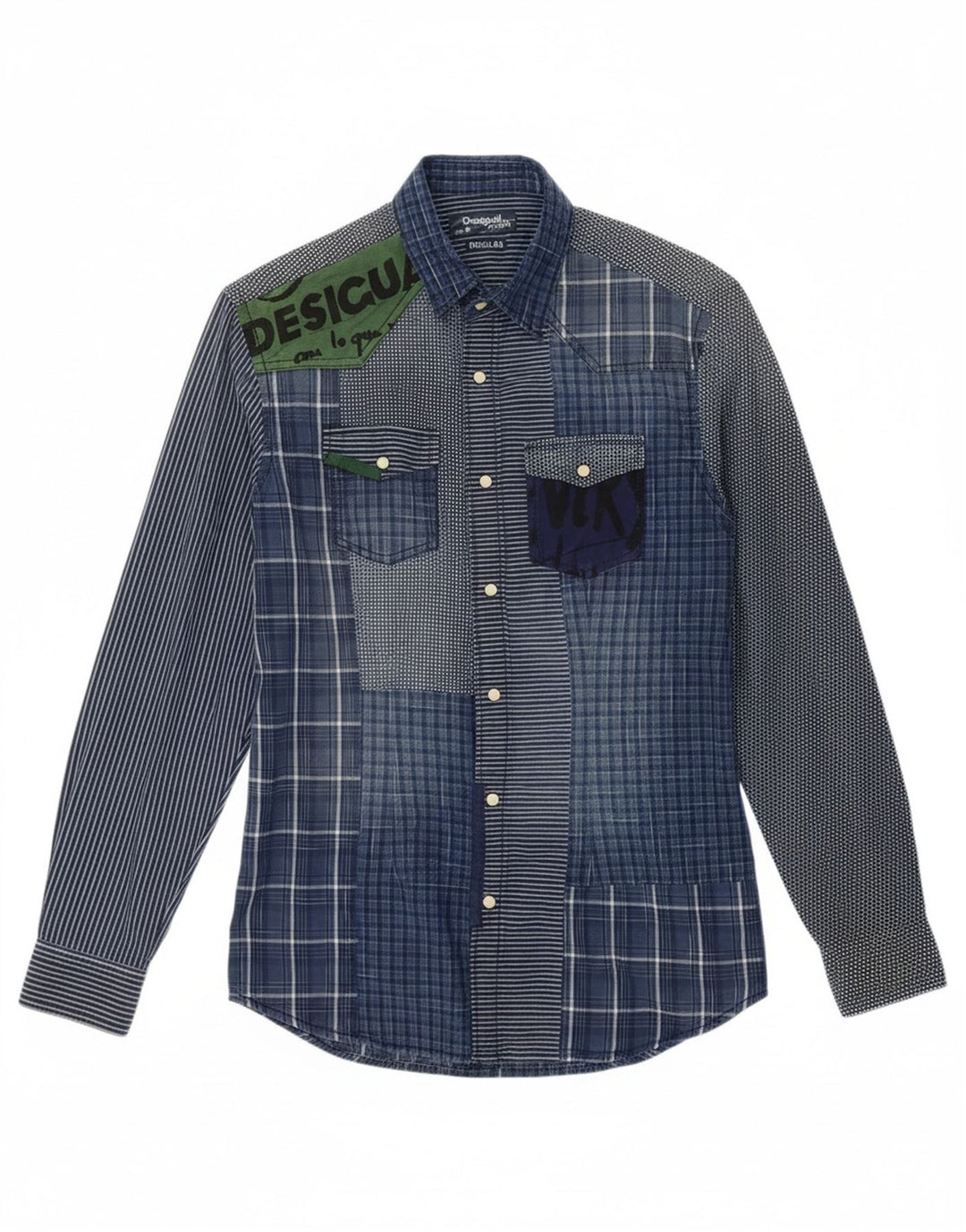 DESIGUAL Camiseta masculina regular fit gráfica pequena azul patchwork algodão